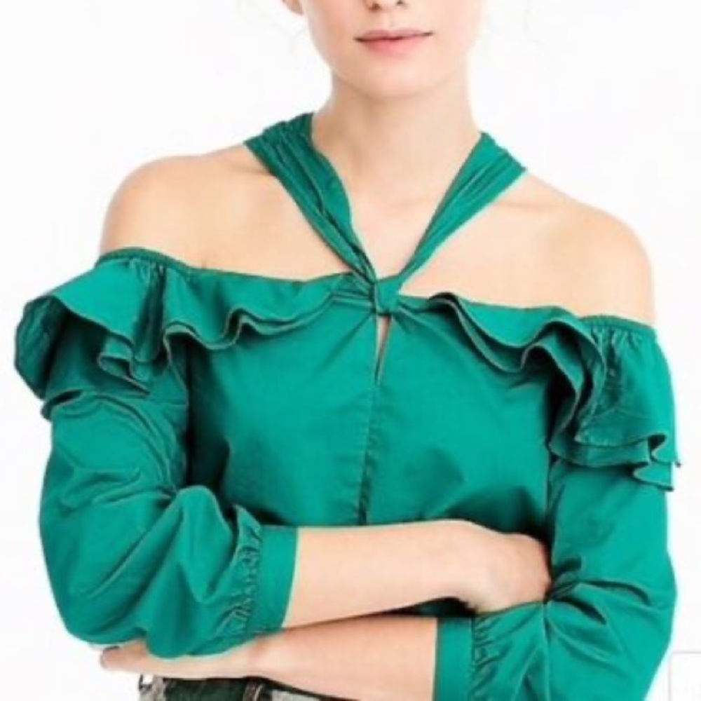 J Crew Off Shoulder Halter Neck Green Peasant Poplin Top Blouse